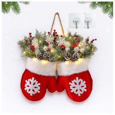 Imagem de Guirlanda de luva de Natal cintilante com 120 luzes de LED iluminadas com ramos de pinheiro artificiais, frutas vermelhas e pinhas foscas para decoração de porta da frente