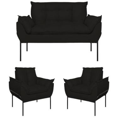 Imagem de Kit 02 Poltronas + Namoradeira Pé Metal Preto Recepção Sala Preto