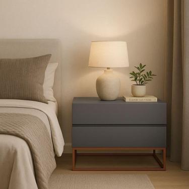 Imagem de Mesa De Cabeceira Retrô Alto Padrão Com 2 Gavetas Base Cobre Cinza