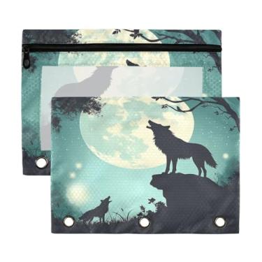 Imagem de Blueangle Bolsa para lápis de lobo da lua noturna para fichário de 3 anéis, 2 pacotes de fichário com bolsa de lápis transparente para janela com zíper para escritório (74)