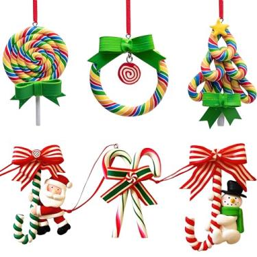 Imagem de 6 peças de enfeites de pirulito de Natal 3D - mini argila de polímero colorido boneco de neve Papai Noel enfeites pendurados para decoração de casa de festa de árvore de Natal