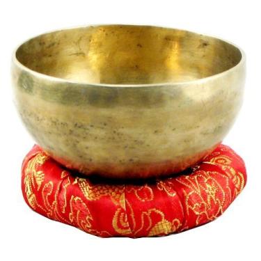 Imagem de Conjunto de tigela de mantra impressa em preto para meditação tibetana de 12 cm com estampa preta de seda de martelo de madeira e almofada do Nepal, tigelas para cantar.