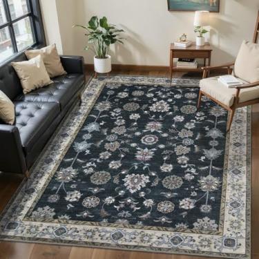 Imagem de Tangsoo Tapetes de área laváveis pretos 12 x 18 cm para sala de estar, tapete floral vintage antiderrapante para área grande, tapete estampado envelhecido, tapete dobrável macio de pilha baixa para