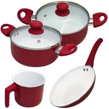 Imagem de Jogo de panelas, aluminio vermelho, revestimento ceramico, e cabo, quatro pecas, completo, versatil.