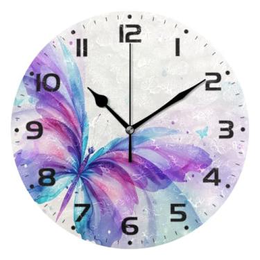 Imagem de JUZIHAI Relógio de parede borboleta em aquarela, silencioso, sem tique-taque, redondo, operado por bateria, fácil de ler, relógio decorativo de parede para casa, cozinha, sala de estar, quarto