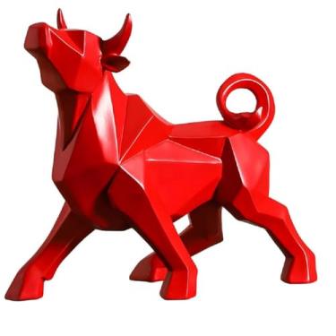 Imagem de SMRTHMRT Escultura abstrata de touro de Wall Street, estátuas de gado altista de resina geométrica, decorações de casa modernas e simples, estatuetas colecionáveis (Red Bull)