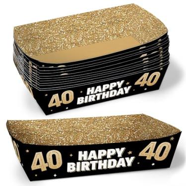 Imagem de Big Dot of Happiness Bandejas de comida de papel para festa de 40 anos, barcos de comida descartáveis, aniversário adulto preto e dourado, piquenique, churrasco, suportes de refeição de papel dupla