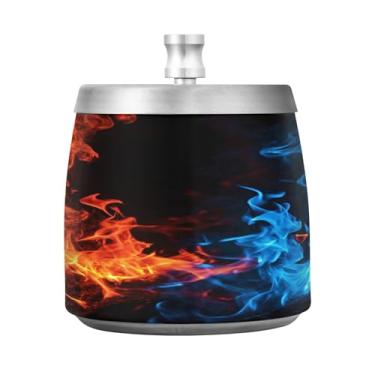 Imagem de JUZIHAI Cinzeiro de fogo vermelho e azul com tampa, cinzeiro de aço inoxidável inodoro à prova de vento cinzeiro sem fumaça para escritório em casa, pátio, varanda, cigarro