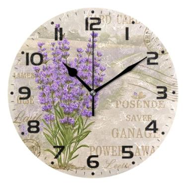 Imagem de JUZIHAI Relógio de parede vintage de lavanda silencioso, sem tique-taque, redondo, operado por bateria, fácil de ler, relógio decorativo de parede para casa, cozinha, sala de estar, quarto, escritório