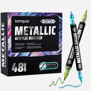 Imagem de Hopesky Marcadores de tinta acrílica metálica de 48 cores – Conjunto de canetas de tinta acrílica de ponta dupla para artistas adultos, conjunto de marcadores de pincel e ponta de bala, perfeito para