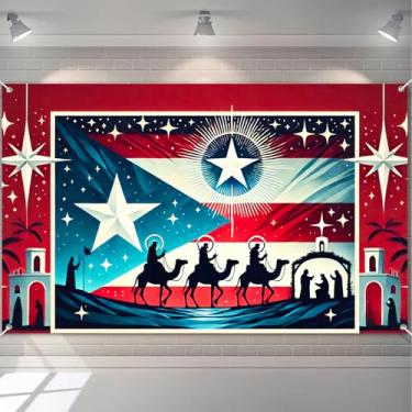 Imagem de BlissYard Fundo de três reis, epifania, presépio e sábios, bandeira de Porto Rico, inspirado na bandeira de Porto Rico, 189 x 109 cm, para decoração de férias religiosas, eventos culturais, decoração