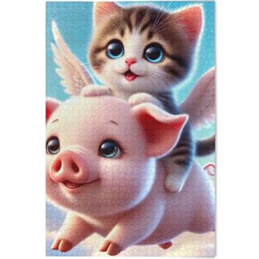 Imagem de Quebra-cabeça de gato gatinho porco fofo adultos 1000 peças arte de paisagem família divertidos quebra-cabeças personalizados engraçados jogos presentes, 75 cm x 50 cm