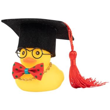 Imagem de wonuu Ornamentos de carro de pato de borracha, decoração de painel de carro de pato para acessórios legais de carro com colar de chapéu de formatura e gravata borboleta, vermelho