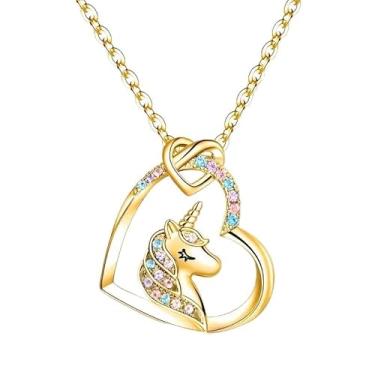 Imagem de Colar com pingente de coração de unicórnio, colar de animal de cristal colorido para mulheres, corrente ajustável (ouro/prata/ouro rosa), 40cm 5cm, Latão, Zircônia cúbica