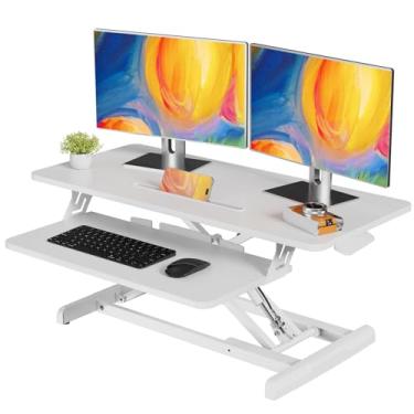 Imagem de JOY worker Conversor de mesa em pé, suporte de mesa ajustável de 89 cm de altura com bandeja de teclado, suporte para estação de trabalho de mesa para laptop, placa de partículas, branco