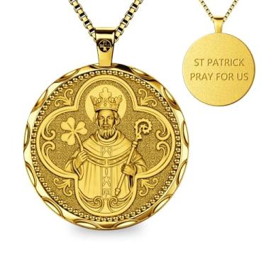Imagem de OigvcoTe Colar de medalha de São Patrício, banhado a cobre, ouro real platina, pingente de santo padroeiro católico, tema religioso, comprimento da corrente de 60 cm, 44 Millimeters, Metal, Zircônia