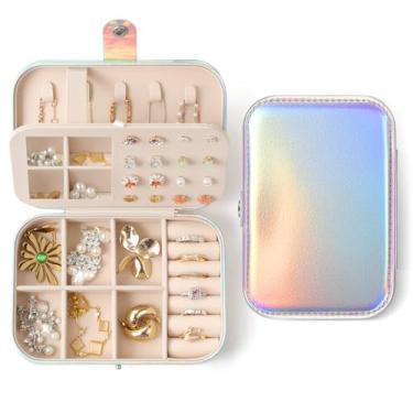 Imagem de LAMU Organizador de joias iridescente de viagem com espelho, pequena caixa de joias a laser para presentes femininos e meninas, organizador de joias de viagem para brincos, anéis, pingentes, colares