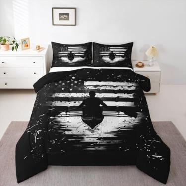 Imagem de Erosebridal Jogo de cama queen com estampa de barco e remo, bandeira dos EUA, retrô, camuflado, preto e branco, edredom quente e macio com fronhas