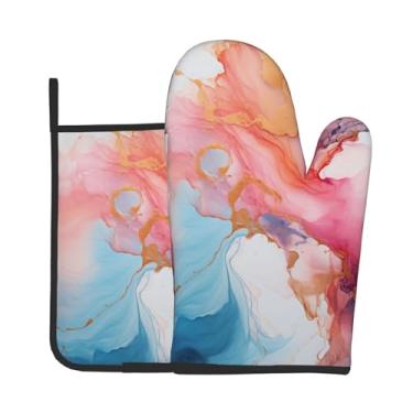 Imagem de Conjunto de 2 peças de luvas de forno estampadas marmorizadas em ouro azul e rosa, adequado para cozinhar, assar e grelhar ao ar livre
