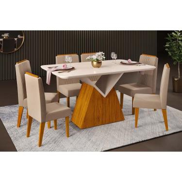 Imagem de Conjunto: Mesa Sala Jantar Argo c/ Tampo Madeirado c/ Vidro Curvo 136x90cm e 6 Cadeiras Lia Freijo/Off White - Suede Kraft - DJ Móveis