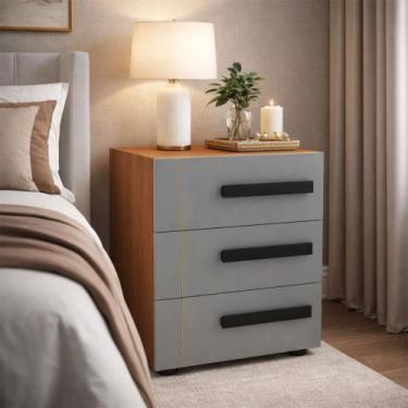 Imagem de Mesa de Cabeceira Lisboa 3 Gavetas Cinza/Freijó - Politorno, Cinza Esc