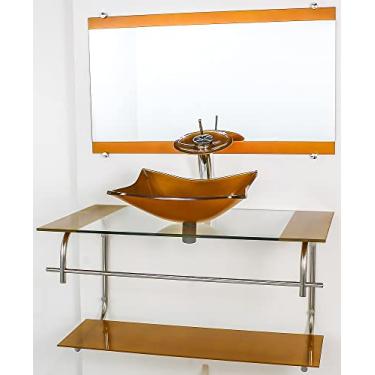 Imagem de GABINETE DE VIDRO PARA BANHEIRO INOX 80CM CUBA RETANGULAR DOURADO REAL