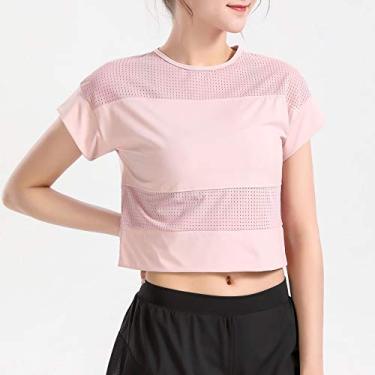 Imagem de Camiseta esportiva feminina costura malha manga curta respirável corrida ioga academia treino roupas esportivas(X-Large)(Cor de rosa)