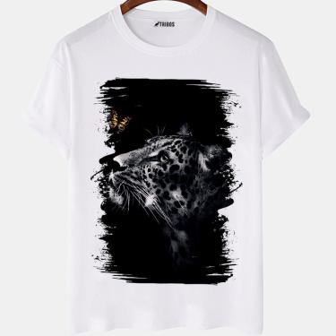 Imagem de Camiseta masculina Onça e Borboleta Tumblr Fundo Preto Camisa Blusa Branca Estampada