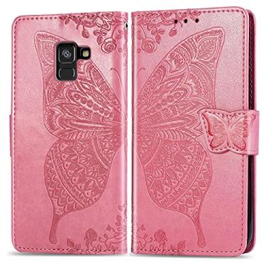Imagem de CHAJIJIAO Capa flip capa carteira para Samsung Galaxy A8 2018, capa de telefone carteira flip pára-choques à prova de choque / alça de pulso/coldre floral padrão borboleta capa carteira para telefone (cor: rosa)