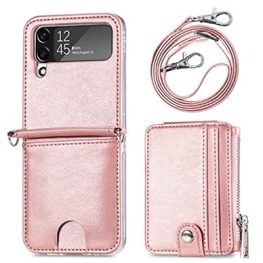 Imagem de Carteira retro PU slot para cartão de couro crossbody colar de corrente capas para samsung galaxy z flip 4 zflip 4 zflip4 capa, rosa, para samsung z flip 4