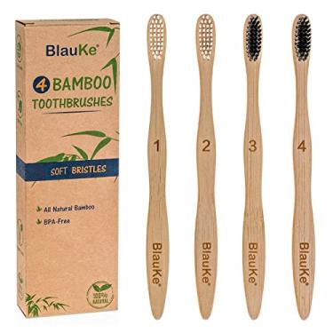 Imagem de BlauKe Escova de dentes de bambu com cerdas macias, pacote com 4, escovas de dentes macias naturais para adultos, escovas de dentes de carvão preto, escovas de dentes de madeira e cerdas macias