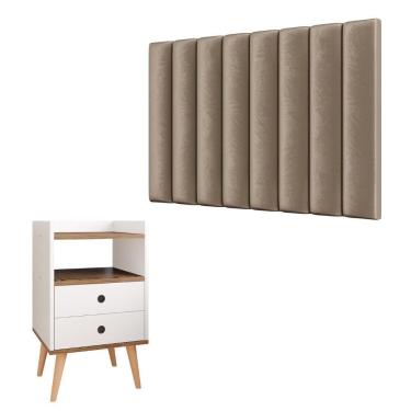 Imagem de Kit Cabeceira Estofada Cama Box Solteiro 90 cm Sophia Bege e Mesinha Canto Quarto 2 Gavetas Retrô Nicho Decorativo Dream Off White/Freijó- RPM