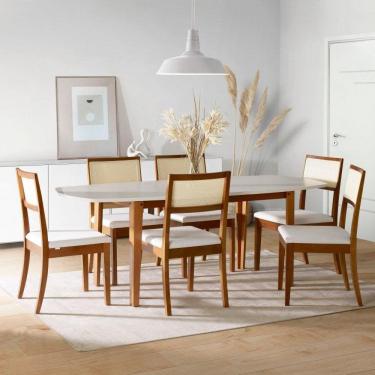 Imagem de Conjunto Mesa Extensível Oval 6 Cadeiras Madeira Maciça Encosto Telado Tiê CabeCasa MadeiraMadeira Amêndoa/Off White