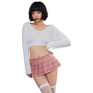 Imagem de SINMIUANIME Lingerie sexy saia curta plissada JK uniforme estudante suéter sexy conjunto de lingerie cosplay (branco)