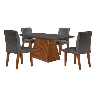 Imagem de conjunto de mesa de jantar retangular com tampo de vidro luna e 4 cadeiras grécia linho grafite e imbuia