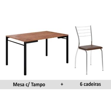Imagem de Sala de Jantar Completa 1526 Aço c/Tampo Madeirado 136x90cm e 6 Cadeiras 1700 Preto/Cromado/Cacau - Carraro