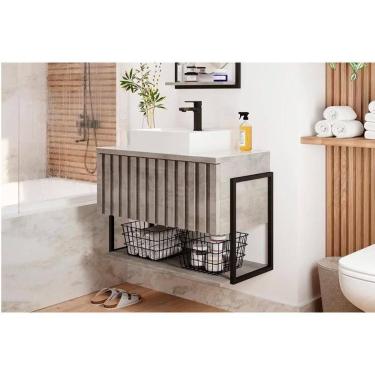 Imagem de Conjunto de Banheiro Suspenso Frisê Havaí Ripado 1Pta Basculante c/Cuba e Tampo Vidro 60 cm cor Cimento - MGM