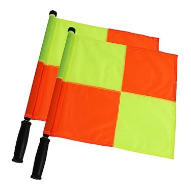 Imagem de 2 peças JAYO Bandeira profissional de árbitro de futebol para eventos oficiais, bandeira de linha com bolsa de transporte com zíper de PU, impermeável, design xadrez amarelo e laranja