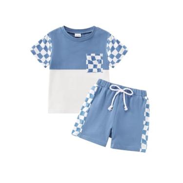 Imagem de Usaibhir Roupas para bebês meninos roupas de verão patchwork xadrez camiseta e shorts para meninos 1t 2t 3t 4t 5t, Azul e branco, 3-4 T