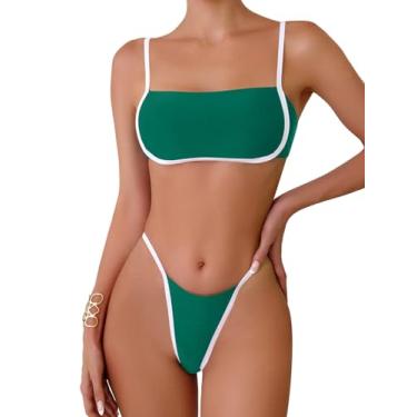 Imagem de Lilosy Conjunto de biquíni sexy com faixa de cores contrastantes, estilo bandeau, biquíni brasileiro atrevidamente, Verde escuro, M