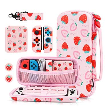 Imagem de GLDRAM Strawberry Carrying Case for Nintendo Switch & OLED, Pink Accessories Bundle with Portable Switch Travel Bag, 2 TPU Joycon Cover, Cute Switch Card Case, Shoulder Strap & 2 Thumb Caps for Girls