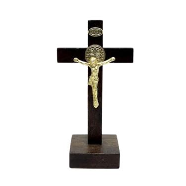 Imagem de Crucifixo de Mesa com São Bento Madeira 7,5 cm