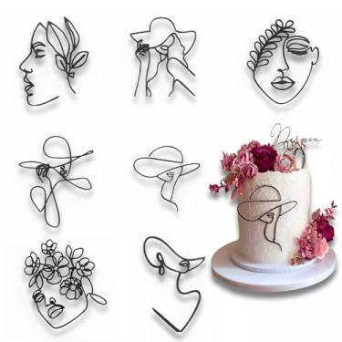 Imagem de 7 PCS Black Lady Face Cake Topper，Minimalist Abstract Art Line Cake Decoration, Suitable for Birthdays, Graduation Ceremonies, Etc