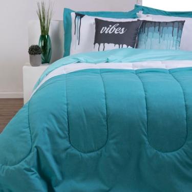 Imagem de Edredom Queen 400 Fios Dupla Face Hipoalergênico Antiácaro Kit/Jogo 7 Peças Linho (Tiffany com Branco, Casal Queen + Refil Almofadas)