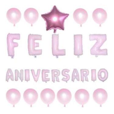 Imagem de Kit Balão Metalizado Feliz Aniversário Festa 27 Peças Rosa - Rio Tijuc