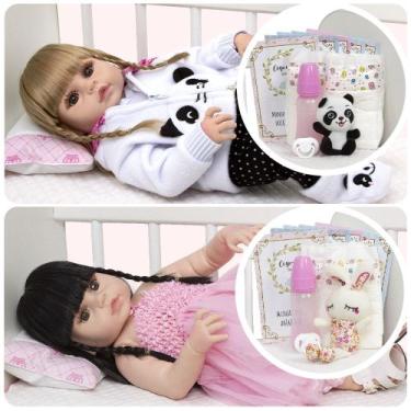 Imagem de Bebe Reborn Gêmeas Pandinha Coelhinha 27 Acessórios Enxoval - Cegonha 