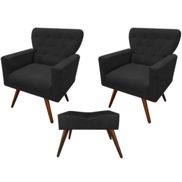 Imagem de Kit 2 Poltronas Decorativa Aurora + 1 Puff Retangular Suede Preto Pés 