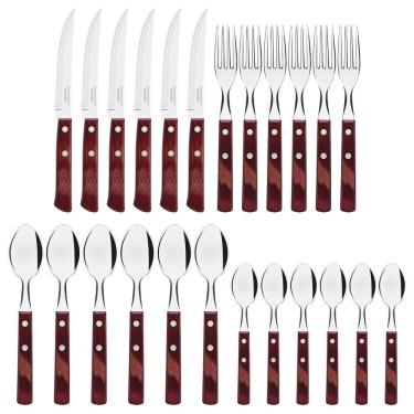 Imagem de Faqueiro Tramontina Polywood Com Laminas Em Aço Inox E Cabos De Madeira Vermelho 24 Peças