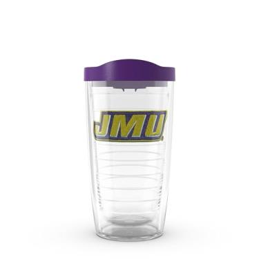 Imagem de Tervis Copo isolado com logotipo principal James Madison Dukes com emblema e tampa roxa real, 473 g, transparente