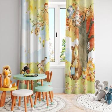 Imagem de Cortina Tecido Oxford Quarto Infantil Árvore Outono Animais Diversos  
